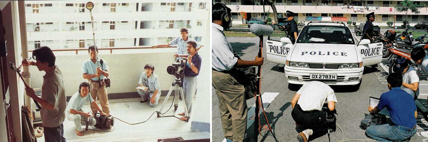 A picture is split into two frames. Both frames feature past photos of the filming of Crimewatch in the 1980s. On the left, the crew is filming in the corridor of a Housing Development Board, while on the right, the crew is filming in front of a police car. Both photos were taken in the 1980s.