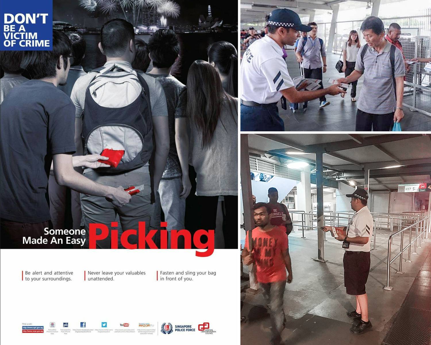 three part collage of officers distributing pamphlets to people walking in the train checkpoint