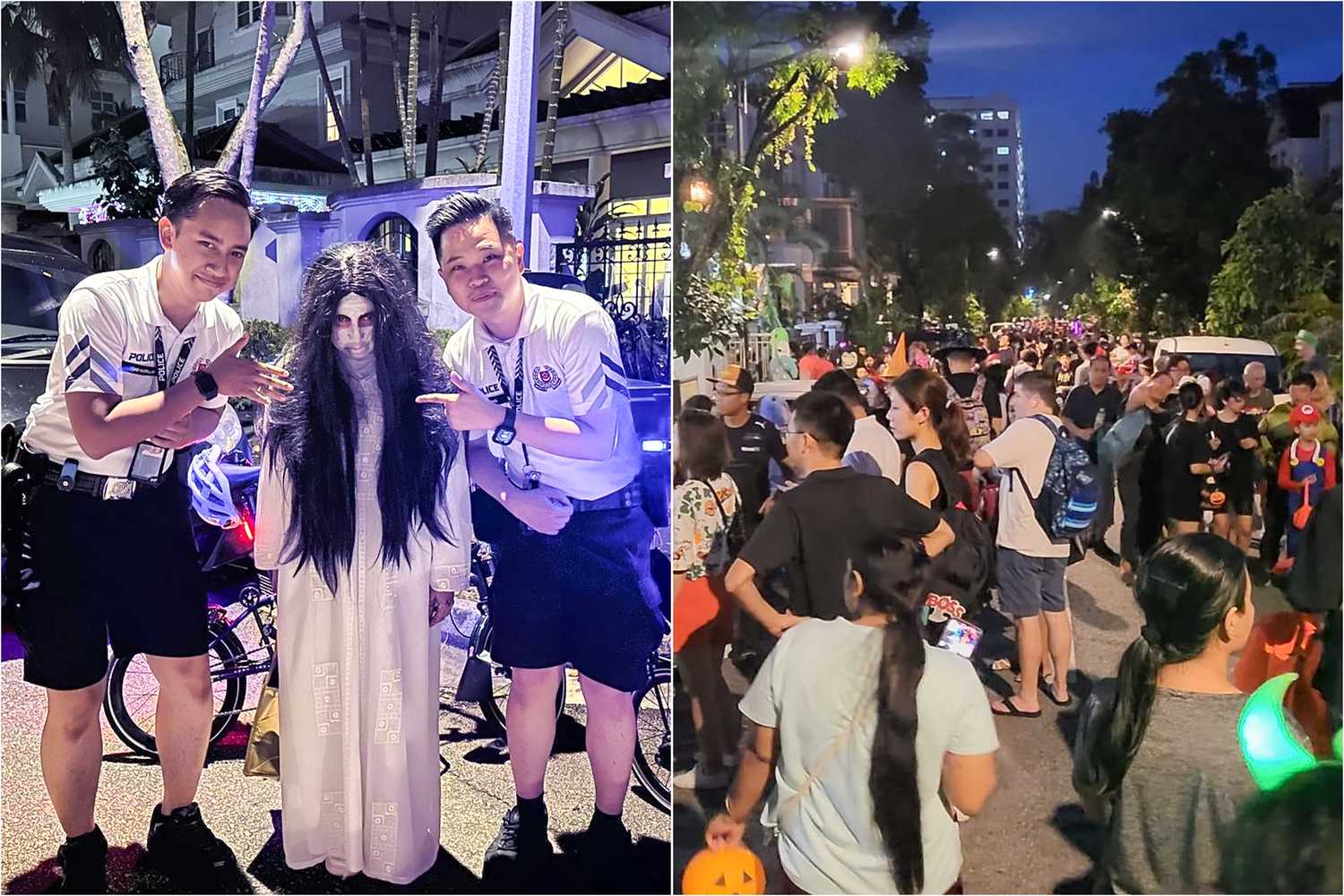 two part collage, where one is two officers posing with a person in a ghost costume and the other photo is of a large group of people in halloween costumes