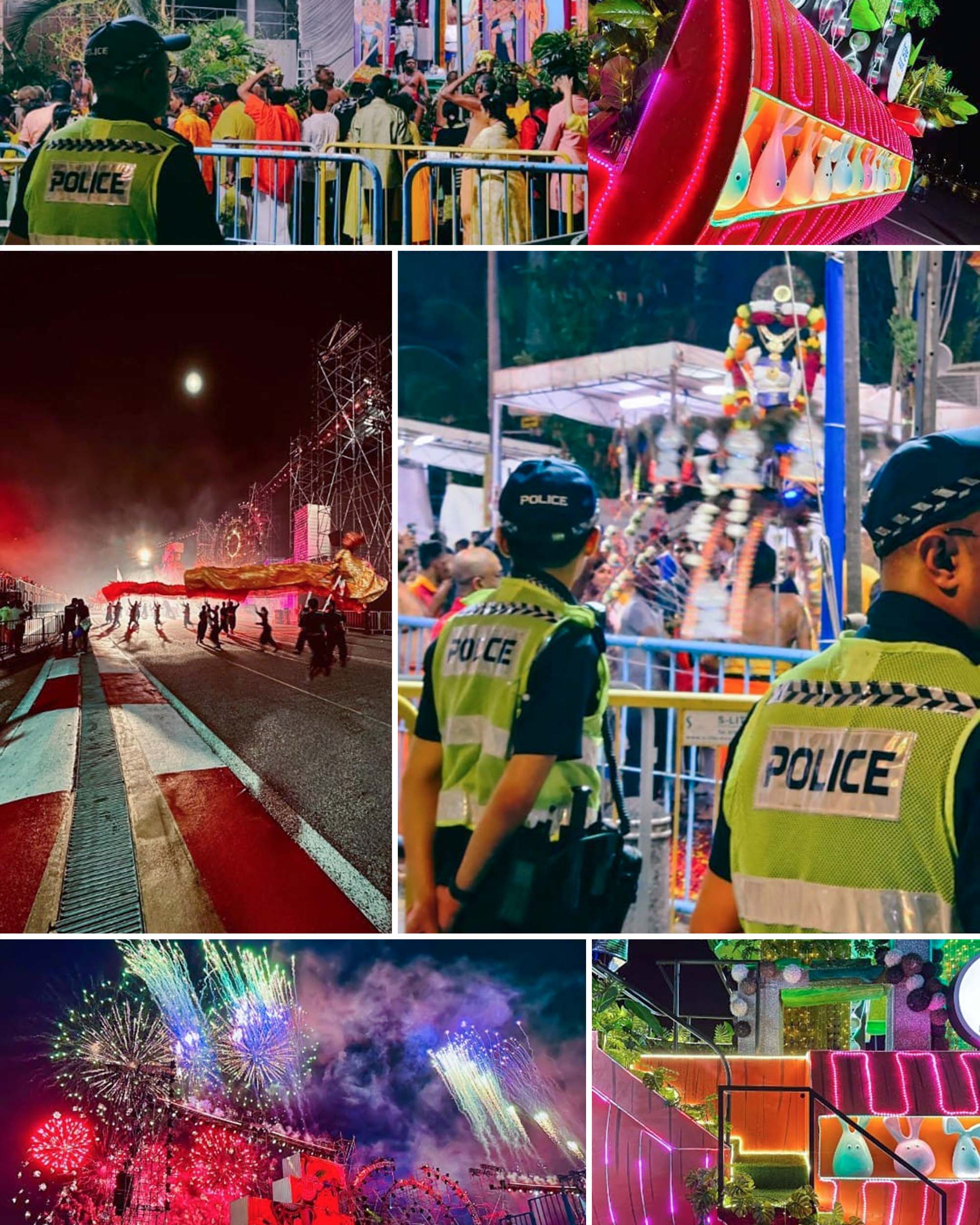 a colourful collage of photos involving a hindu procession, chingay, national day and so on
