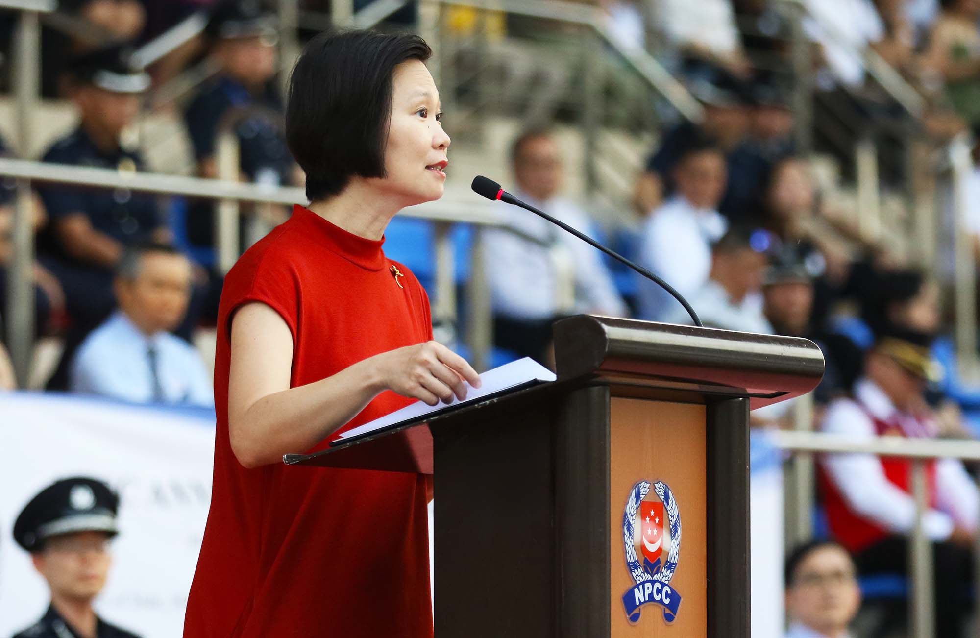 Ms Gan Siow Huang addressing the Cadets at the Parade. PHOTO: Ryan Yeo