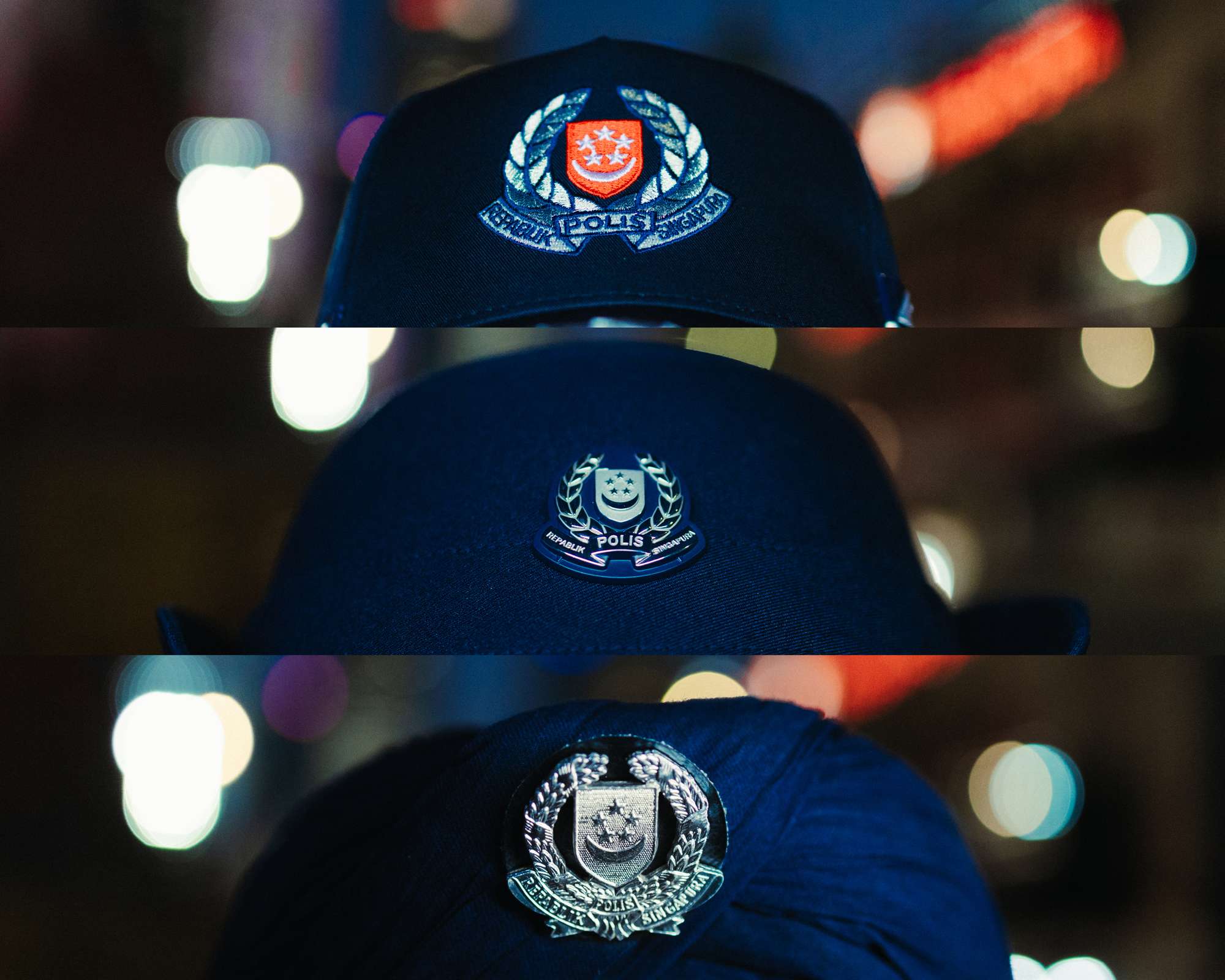 three headdresses of the officers stacked in a vertical collage