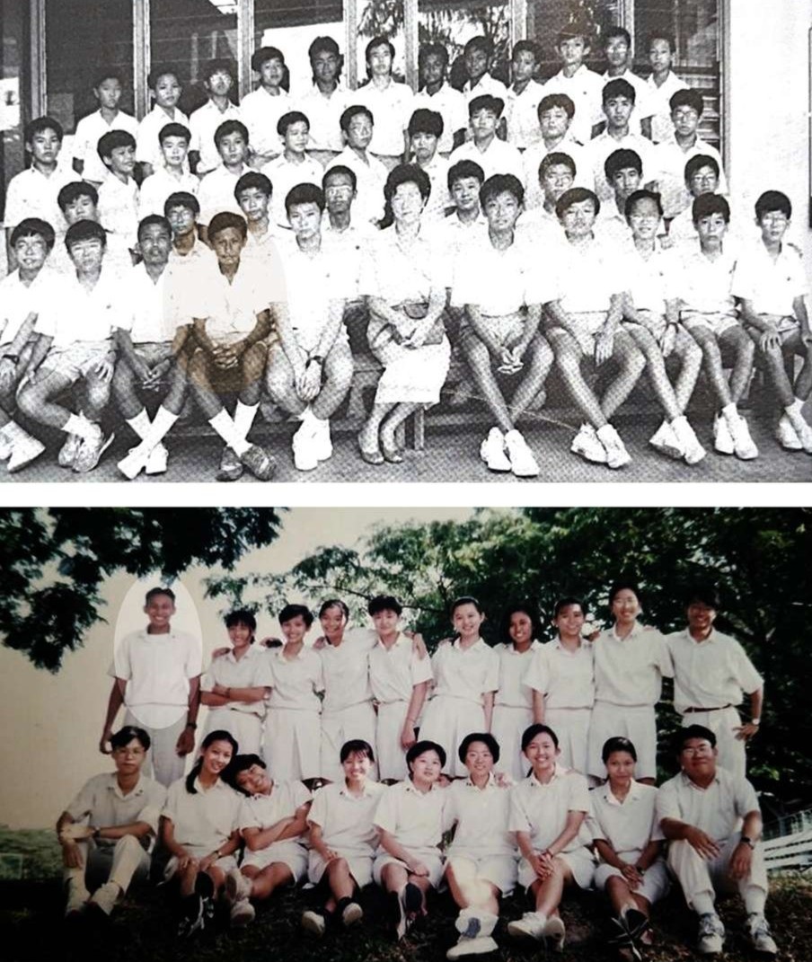 a collage of two school photos depicting class photos