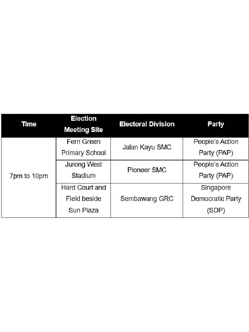 Approved Election Meetings And Establishing Of Temporary Restricted Areas For General Election 2025 On 27 April 2025 (Sunday)