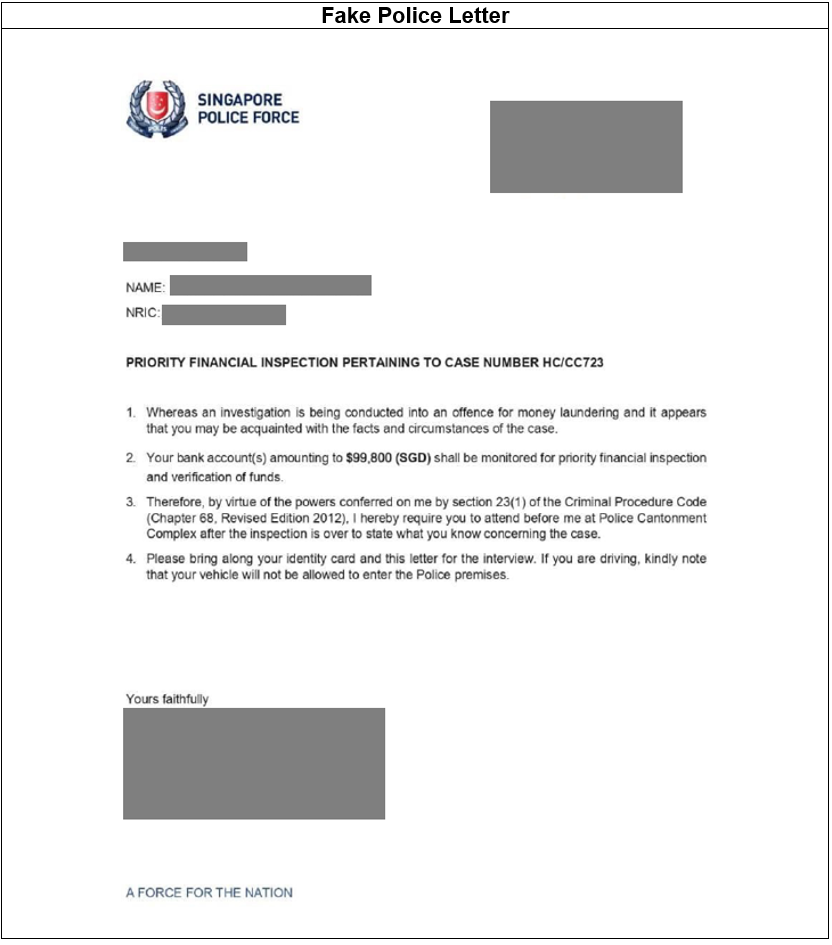 Police Advisory On Spoofed Calls Involving Fake Letters From Singapore Police Force
